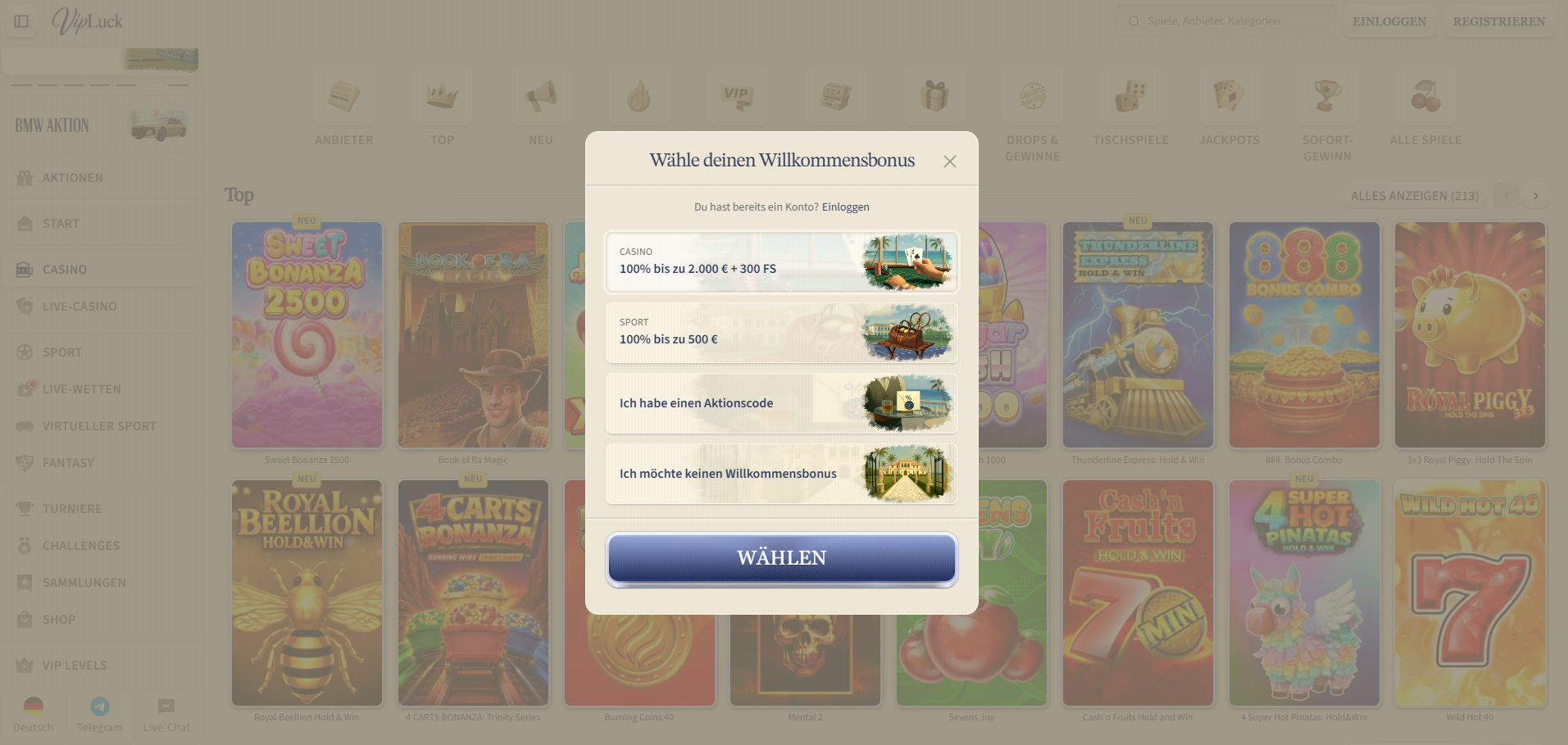 Vipluck Casino Willkommensbonus wählen